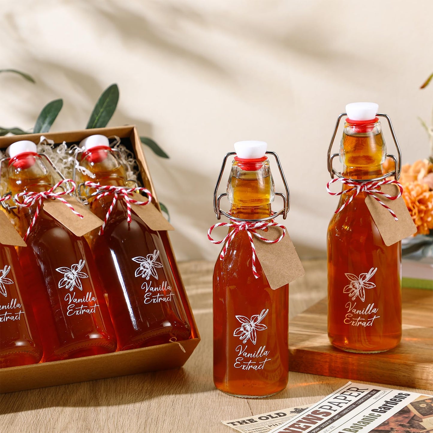 Reallnaive 12 Pack 8oz Vanilla Extract Bottles Swing Top Glass Bottles for Vanilla Extract Homemade Glass with Caps and Cotton Twines for Wedding Baby Shower Favors