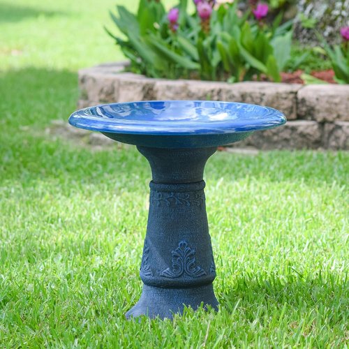 Arcadia Garden Products Fiberclay Bird Bath - Antique Vintage Design, Weather Resistant, 20-Inch Tall, Blue