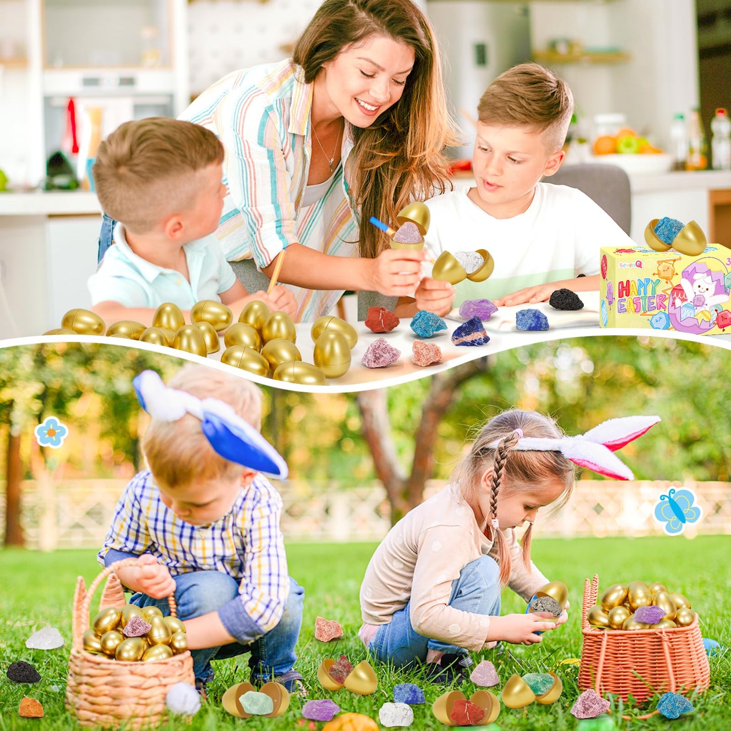 SevenQ Easter Basket Stuffers Easter Egg Fillers with Crystal Gems Rocks Raw Stone 24Pcs, Gemstones Rock Collections for Kids Easter Decorations Goodie Gifts Bags Hunt Supplies Party Favors Essentials