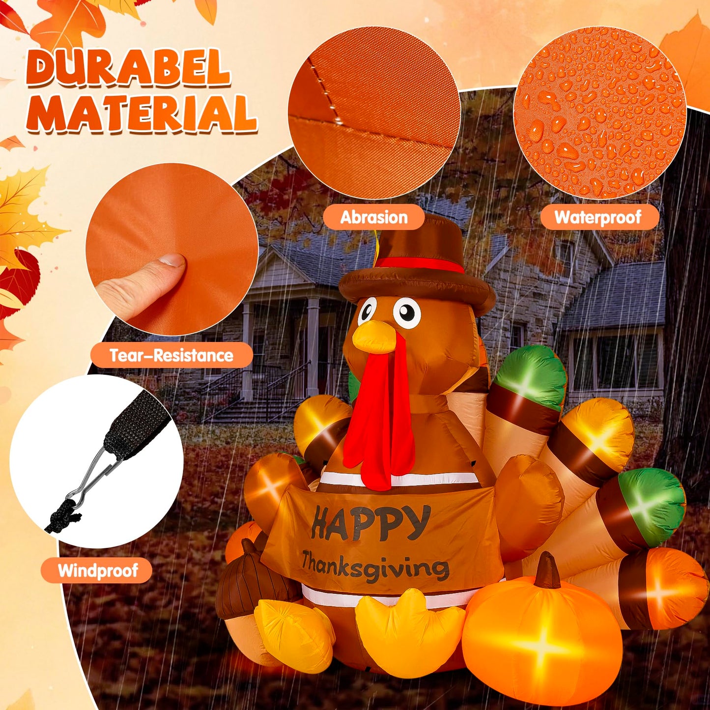 Loninak 6 Ft Thanksgiving Inflatable Decoration, Happy Thanksgiving Turkey Built-in LED Lights, Outdoor Blow Up Yard Fun Decor, for 2025 Halloween Lawn Decor