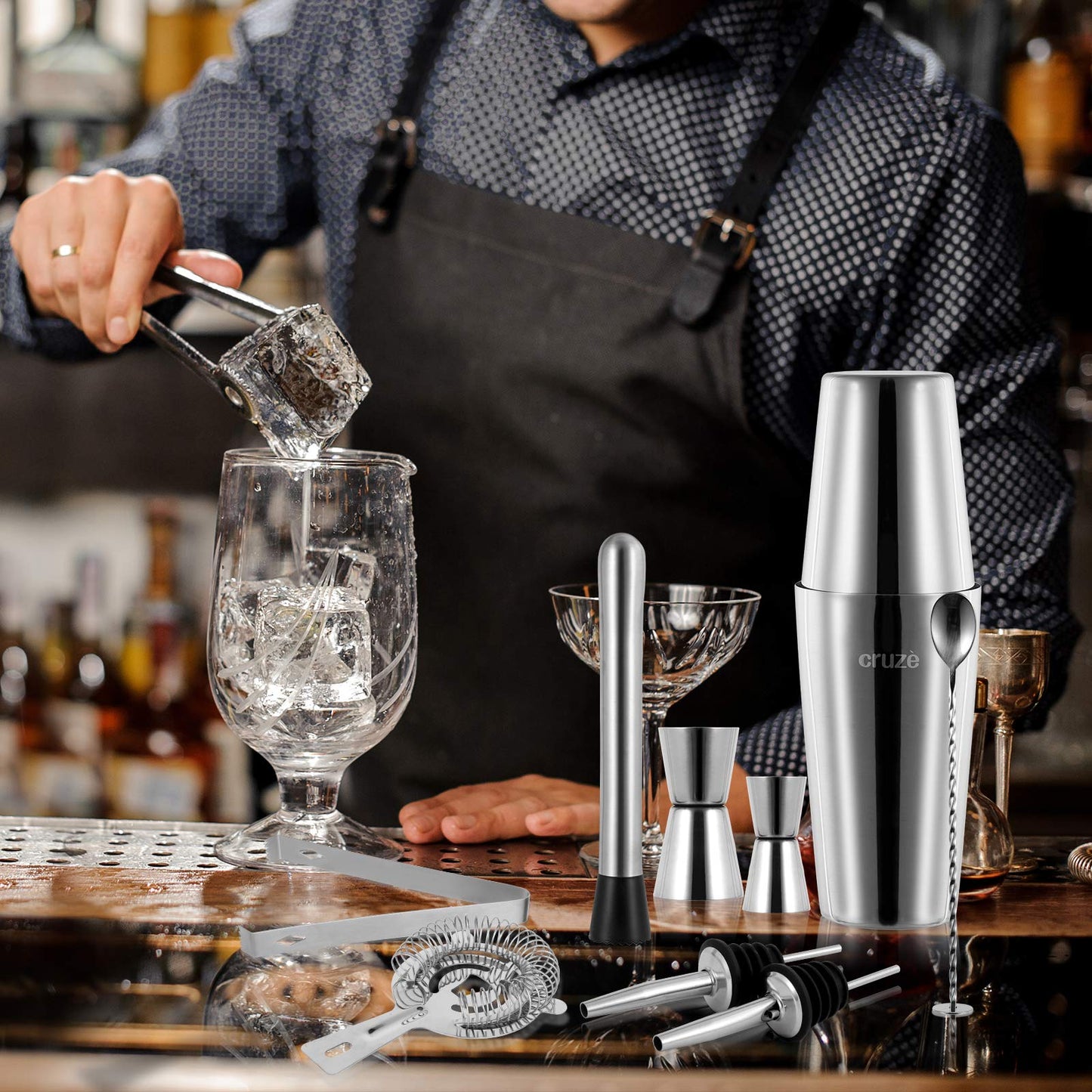 12-Piece Cocktail Shaker Set with Stand – 25oz Bartender Kit Including Shaker Jigger Muddler Bar Spoon Strainer Tongs 4 Pourers & Opener – Gift Box for Home Entertaining
