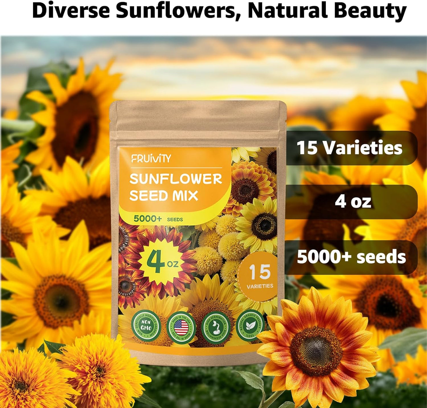 Skiennix 5000+ Sunflower Seeds - 15+ Heirloom Varieties, 4 Oz Garden Mix, High Germination, Attracts Pollinators