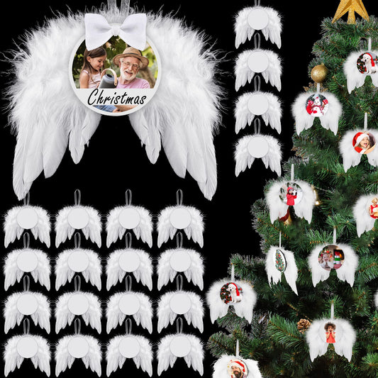 Christmas Sublimation Ornament Blank Decor White Angel Wings DIY Xmas Ornament Craft Hanging, Feather Hanging with Pendants for Christmas Tree Angel Wings Decor(36 Pcs,Round Style)