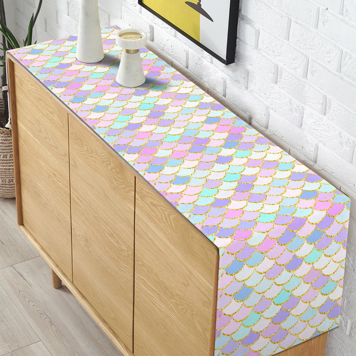 Pudodo Mermaid Table Runner Girls Mermaid Themed Birthday Party Decoration Under The Sea Kitchen Dining Room Home Decor