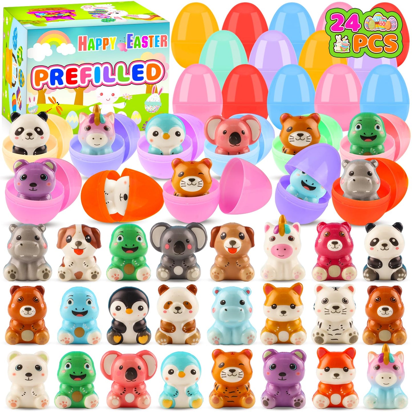 KissFuture 24 Pack Prefilled Easter Eggs with Animal Squishy Toys, Easter Eggs Filled for Egg Hunt, Easter Basket Stuffers, Easter Gifts for Kids, Easter Party Favors Prizes