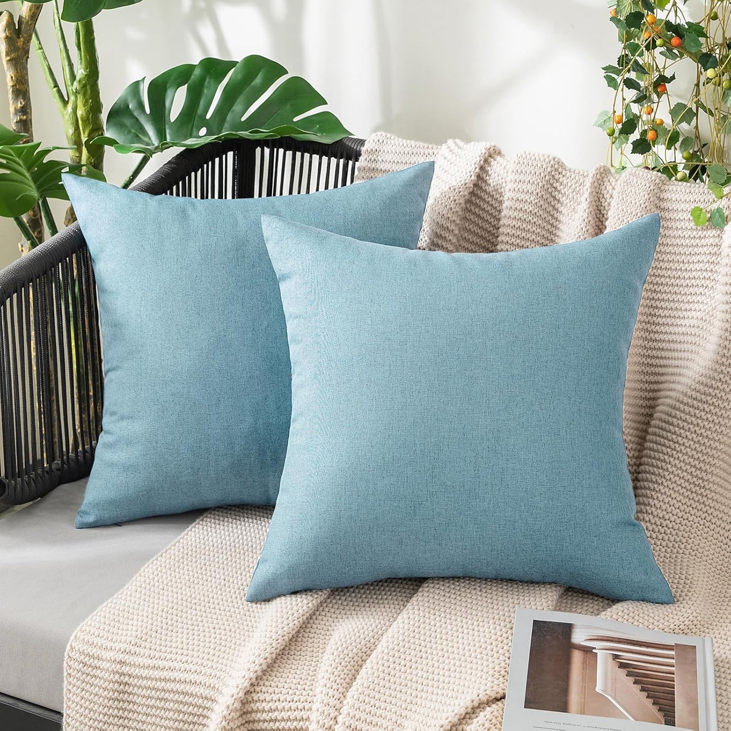MIULEE Decorative Outdoor Throw Pillow Covers - Waterproof Faux Linen Cushion Cases | 16x16 Inch Blue Gray (Pack of 2)