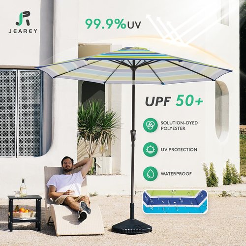 JEAREY 9FT Outdoor Patio Umbrella - Push Button Tilt & Crank | UV Protection, Waterproof - Blue-Green Stripe