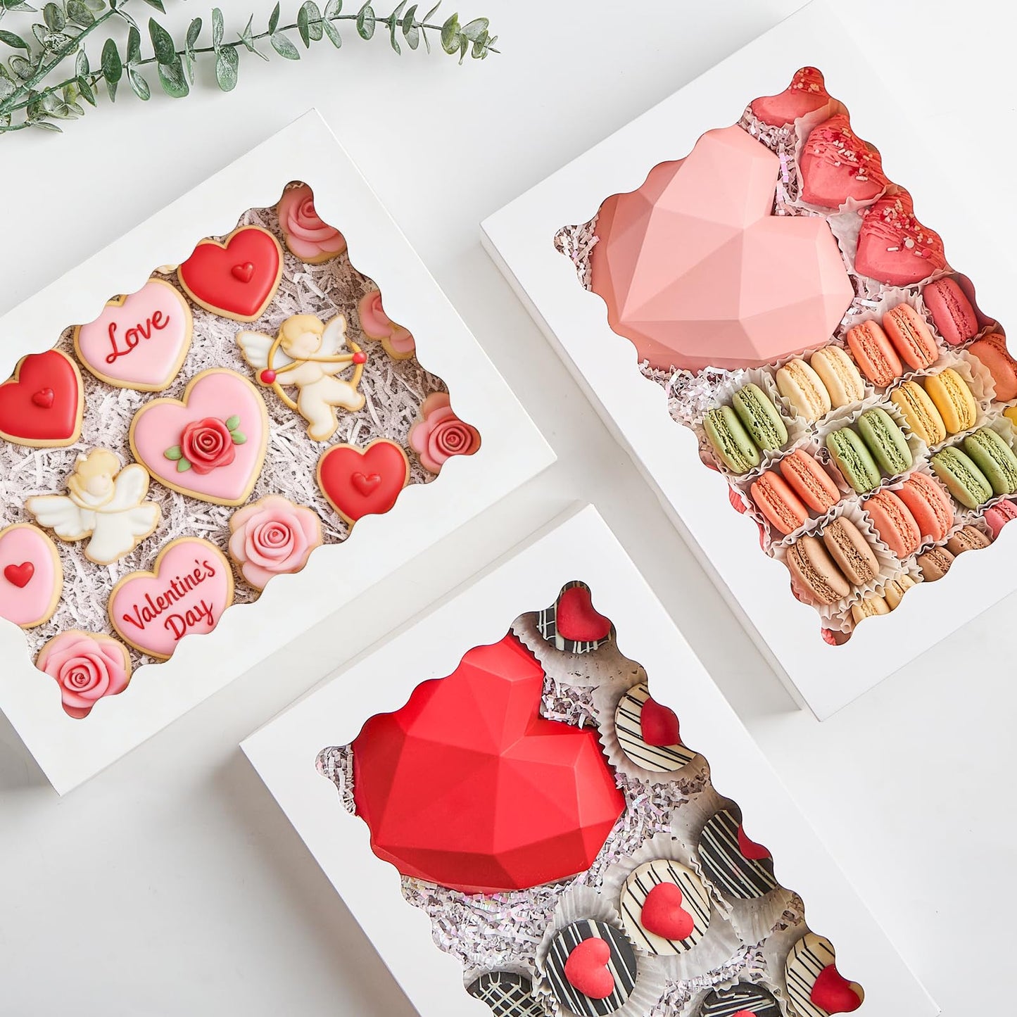 Ocmoiy 20 Pack Cookie Boxes, 14x10x2.5 Inch Large Bakery Boxes with Window, Auto-Popup Treat Box for Chocolate Covered Strawberries, Pies, Donuts, Muffins, Breakable Heart