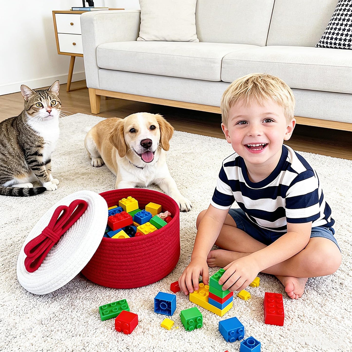 Skiennix Round Woven Rope Storage Basket - Cute Lid & Bow Handle - Ideal for Toys & Home Decor - Red