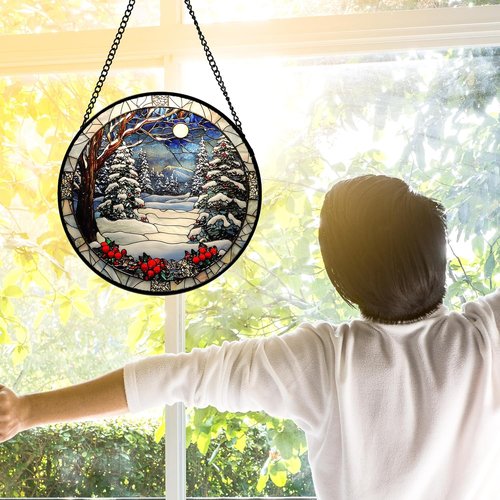 DASTOLL Stained Glass Window Hanging | Christmas Tree Winter Snow Night Suncatcher - 9.8" Home Decor Gift