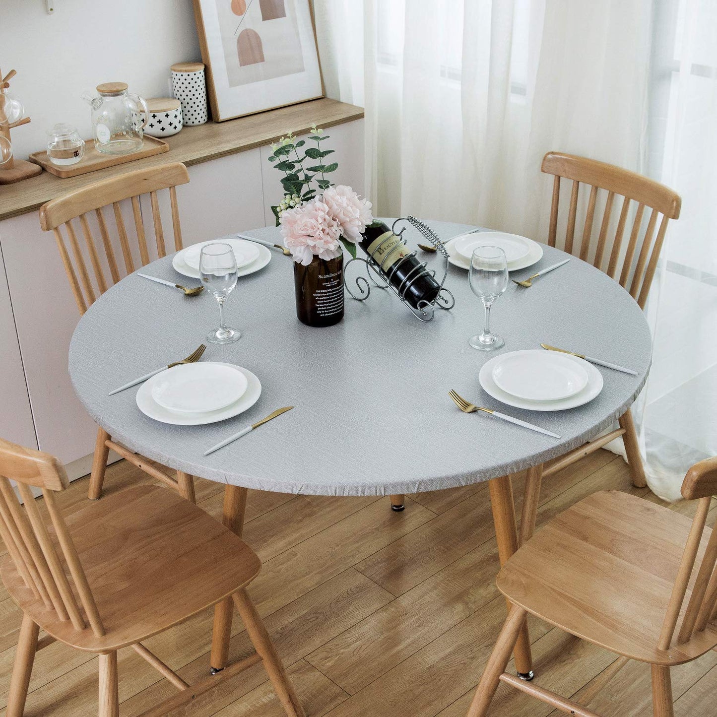 NLMUVW Round Tablecloth Vinyl with Elastic Edge Flannel Backing, Fitted PVC Table Cloth Waterproof Wipe Clean Table Cover for Picnic Party Outdoor, Light Grey, 40"- 44"