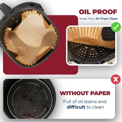 BAKE IT KITCHEN Disposable Air Fryer Paper Liners - 100 Pack, Non Stick (8 inch) Square for Microwave, Free of Bleach, Family Gatherings, Parchment Paper, Oil Proof for Oven Use (100, 8" Square)