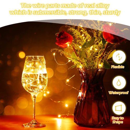 Hortsun 100 Packs Fairy Lights Battery Operated 3 Speed Modes, 7 Ft/ 2 M 20 LED Battery String Mini Waterproof Wire Twinkle Lights Bulk for Wedding Party Birthday Vases Decor (Warm White)