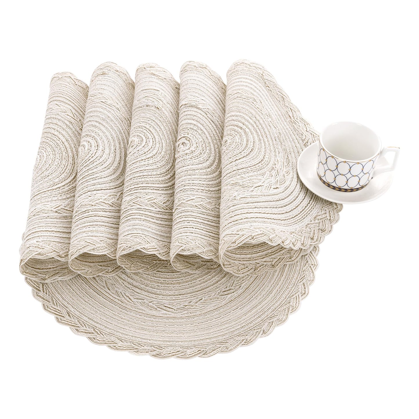SHACOS 15 inch Round Braided Placemats Set of 12 for Dining Table Woven Boho Place Mats Kitchen Placemat Washable Table Mats, Ivory Bordered