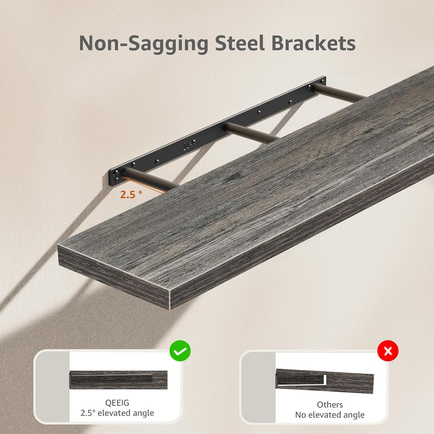 QEEIG Floating Shelves - Extra Long Wall Mounted Shelf for Home Decor | Set of 2, 47.2" x 9.3", Grey