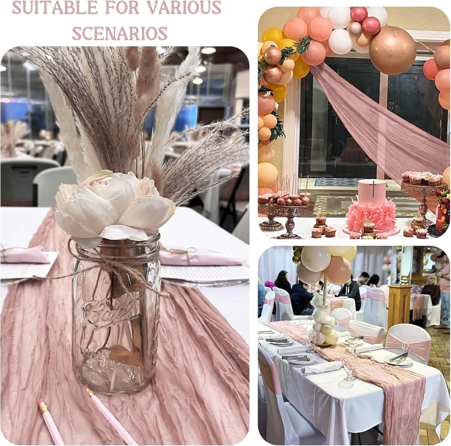 Skiennix 120-Inch Dusty Pink Cheesecloth Table Runner - Boho Rustic Sheer Design for Weddings & Events