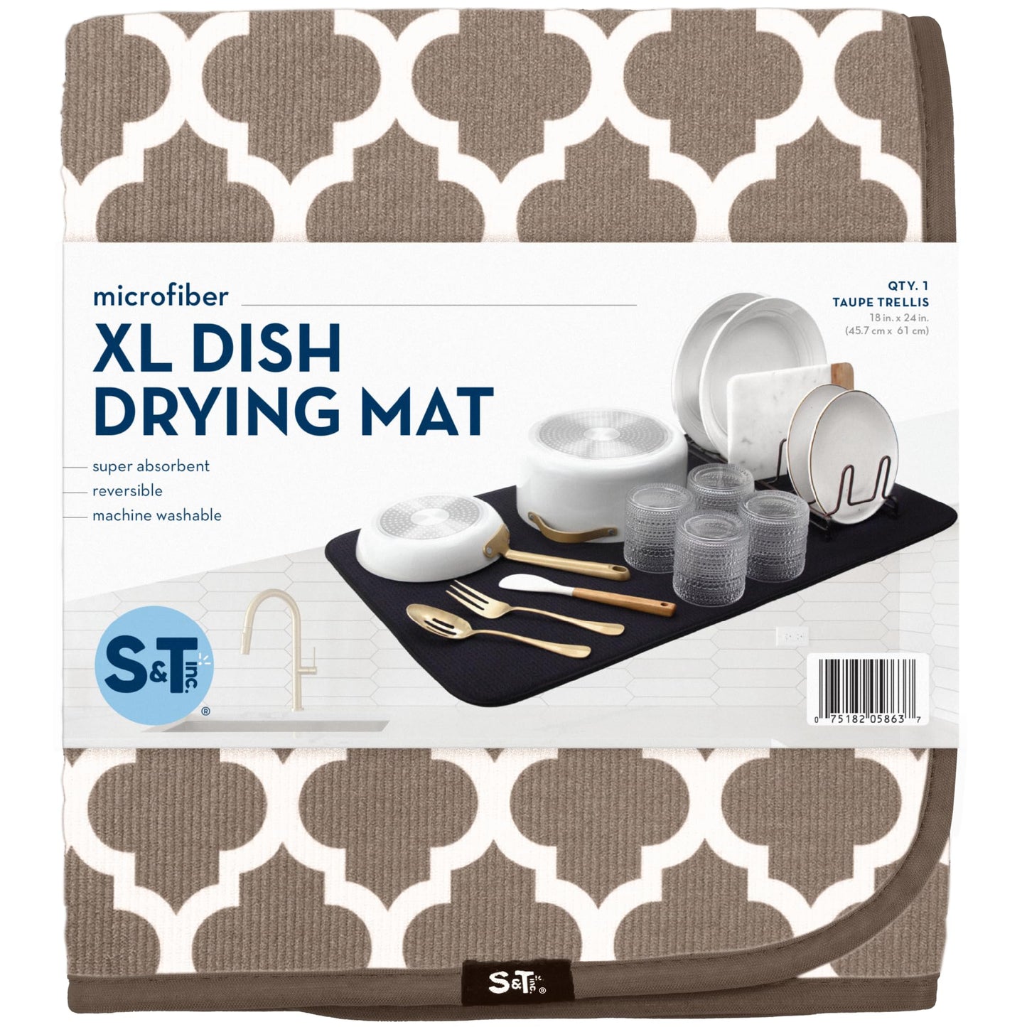 S&T INC. Dish Drying Mat XL, 18” x 24”, Absorbent Microfiber Kitchen Counter Mat, Dish Drying Pad for Dishes, Utensils, Pots and Pans, Extra Large, Taupe Trellis