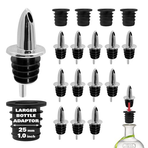 ESATTO 12 Pack Classic Chromed Bottle Pourers, Liquor Pourers for Alcohol, Olive Oil, Bartender Accessories Includes 4 Liquor Pourer Adapters for Large Neck Bottles such as Patron Don Julio Tequila