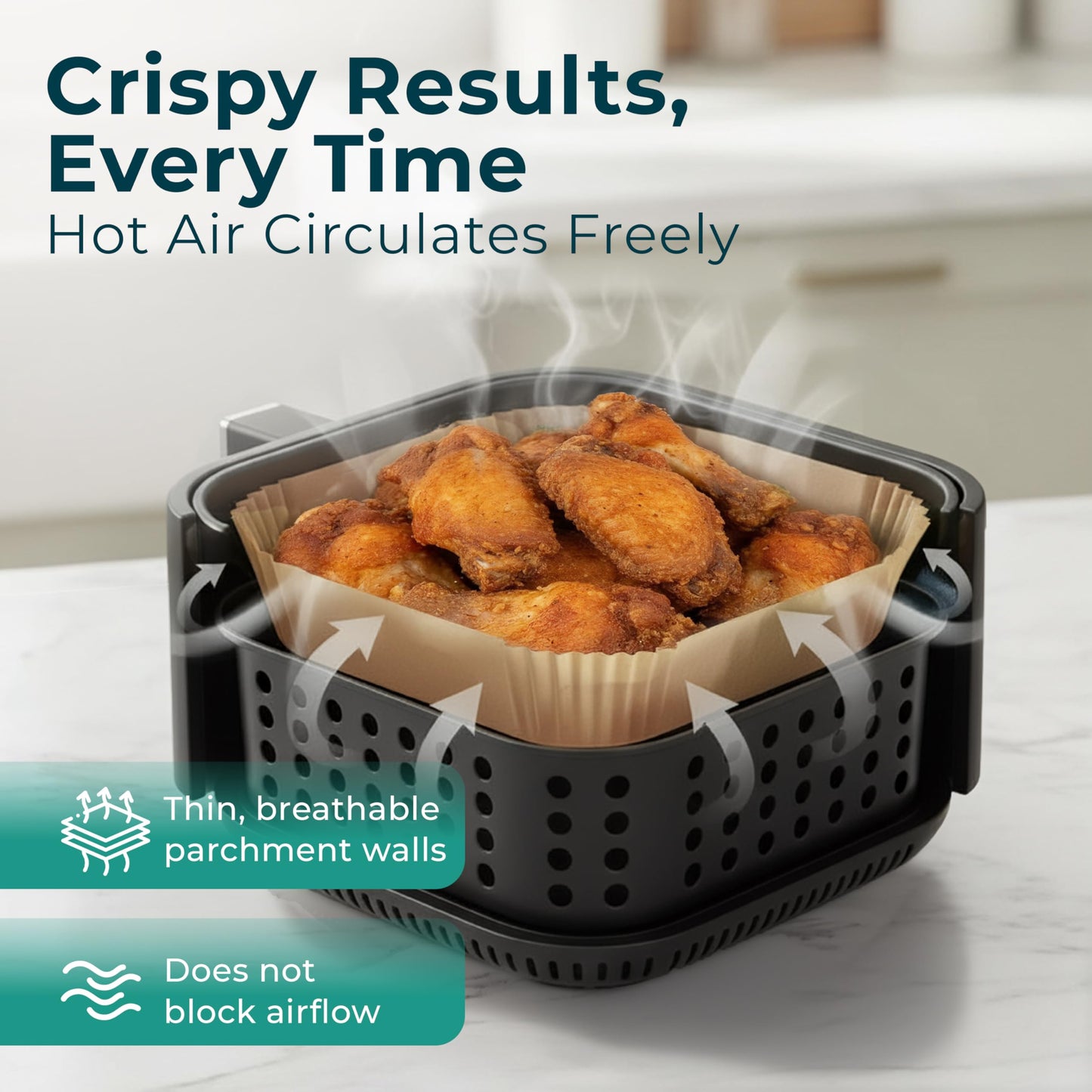 Cathy Yoder's AirFryer Paper Liners, 125 PCS 8-inch Square Air Fryer Liners Disposable, Premium, Food-Grade Easy Cleanup Air Fryer Parchment Paper Sheets, Airfryer Liner for 5-8QT, Baking & Roasting
