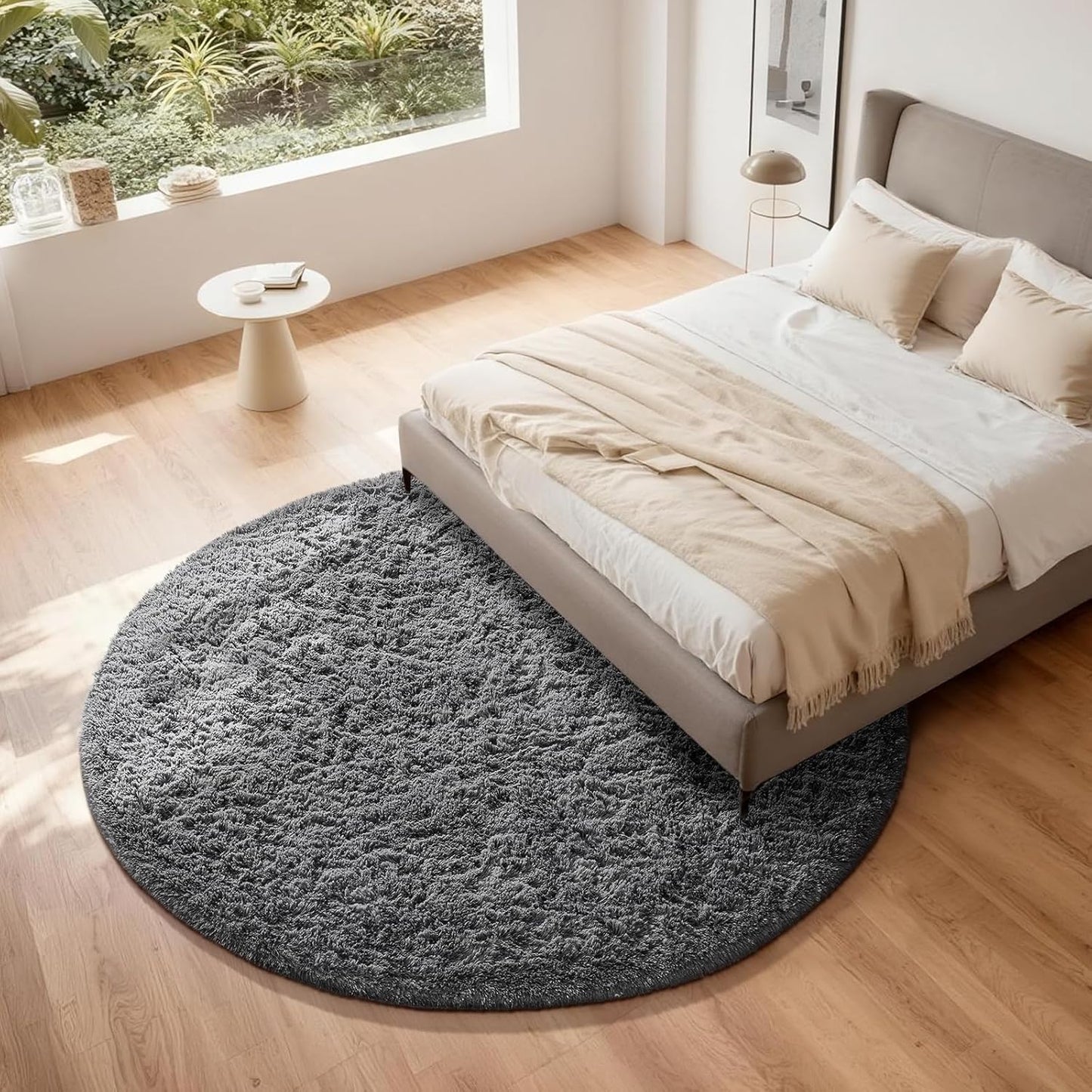 Ophanie Round Rug - 7Ft Grey Circle Area Rug | Plush Fluffy Shag Carpet for Living Room & Nursery