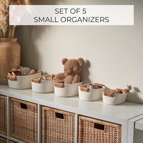 Beautiful Storage Basket Set of 5 - Sturdy Cotton Rope Baskets for Home Organization | Perfect for Nursery & Bedroom Decor