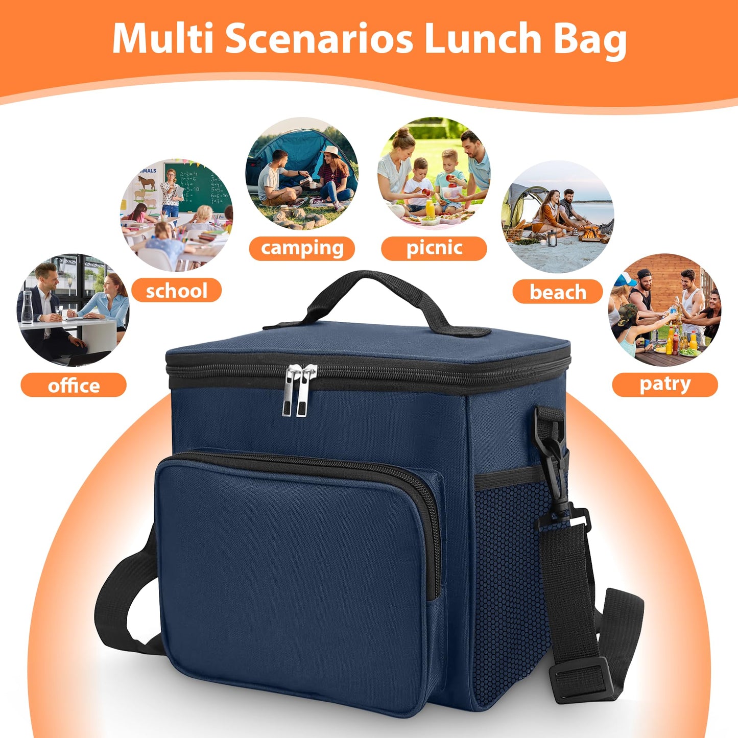 BPTAKOO Insulated Lunch Bag for Women Men, Large Reusable Lunch Box for Work Office Picnic Hiking Beach - Leakproof High Capacity Foldable Adults Cooler Tote Bag with Adjustable Shoulder Strap, Blue