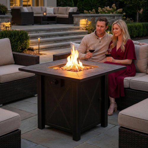 HOTEAGLE 30" Propane Fire Pit - Premium Ceramic Tabletop, 50000 BTU, Includes Lid & Lava Rocks | Ideal for Outdoor Dining & Parties