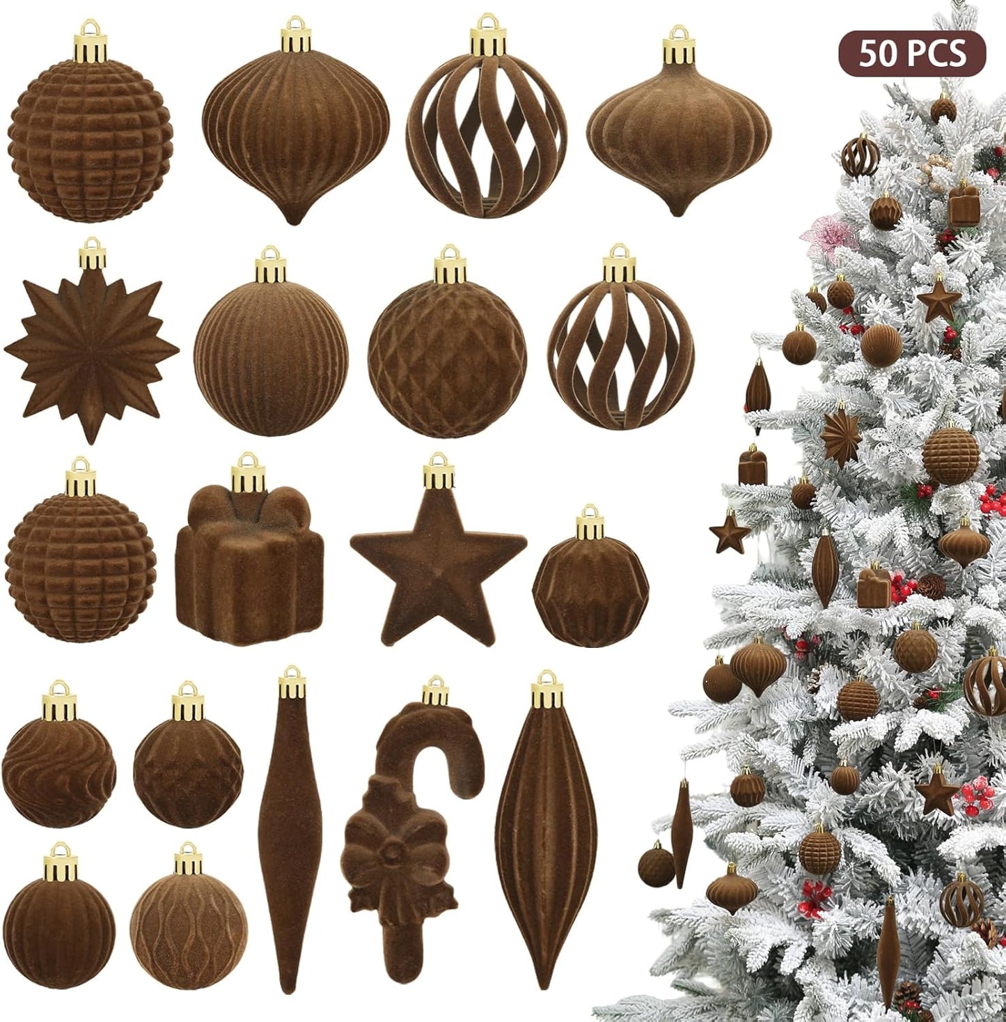 Regine Switzerland 50 Pcs Brown Velvet Christmas Balls - Flocked Hanging Ornaments for Holiday Decor