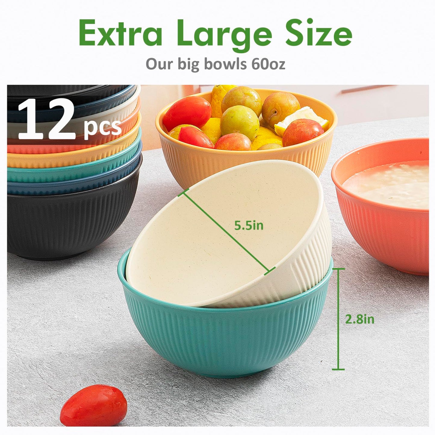 LIANGKEN 12-Pack of 24 oz Unbreakable Cereal Bowls, Reusable Plastic Lightweight Bowls, Made from Wheat Straw Fiber, Ideal for Salads, Soups, Ramen, Noodles, and Oatmeal