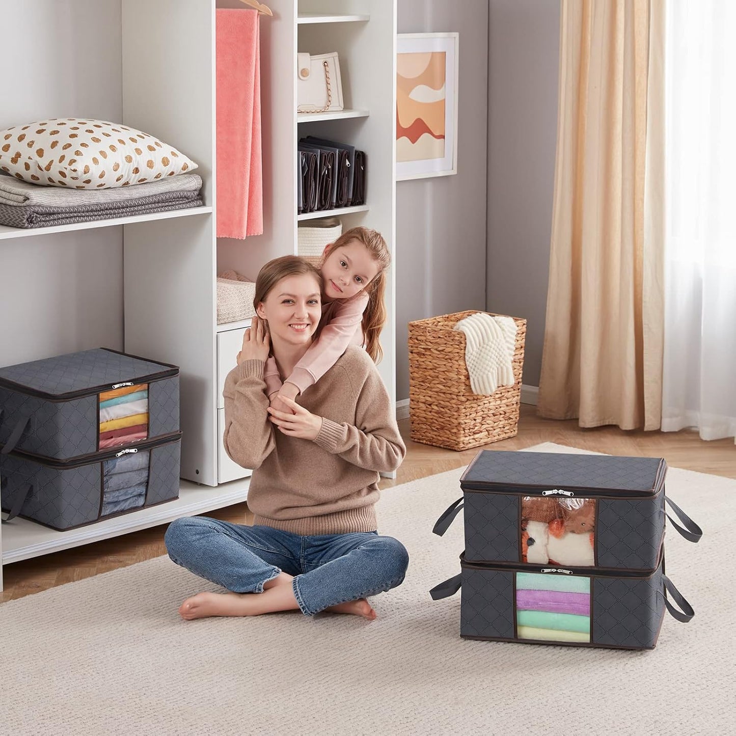 Lifewit 4-Pack Clothes Storage Bags - Foldable Organizer with Reinforced Handles & Clear Window | Gray