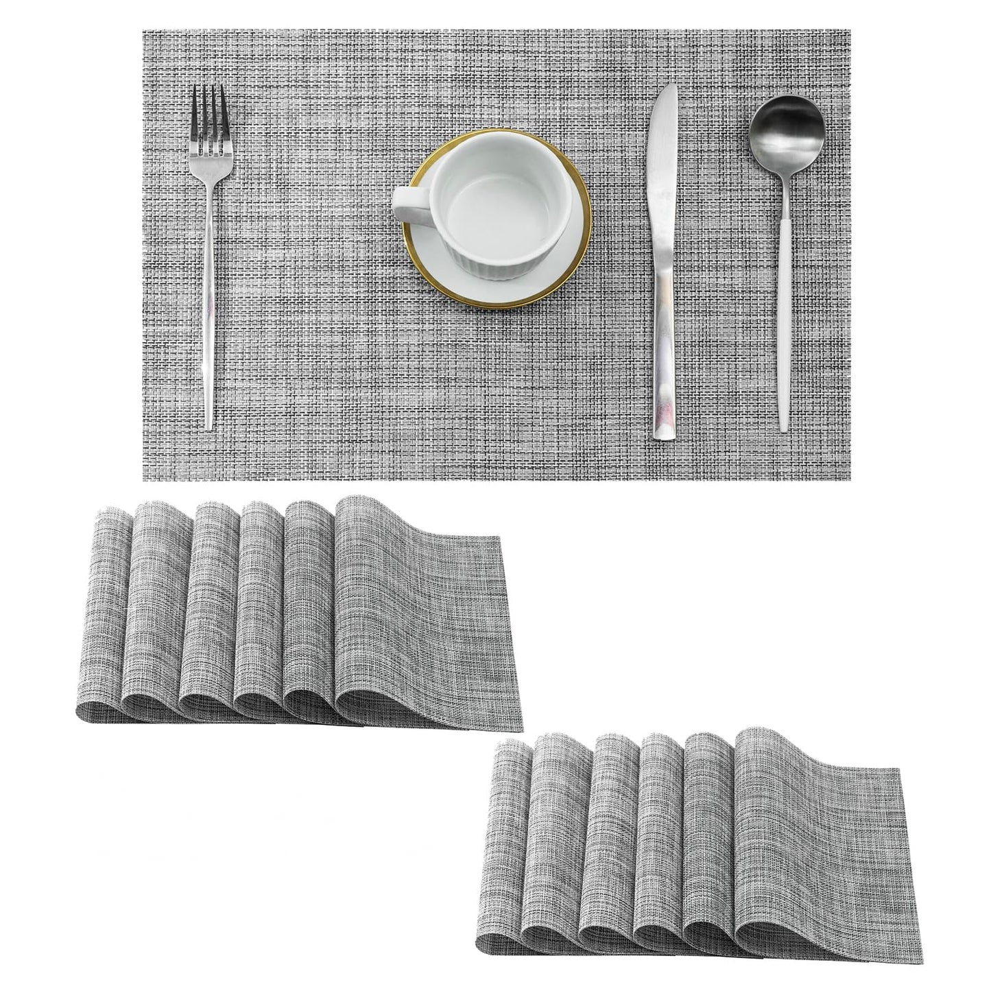 Leetaltree Linen Grey Placemats Set of 12 - Heat Resistant Non-Slip Place mats for Dining Table, Washable Durable PVC Vinyl Woven Table Mats（Linen Grey, 12）