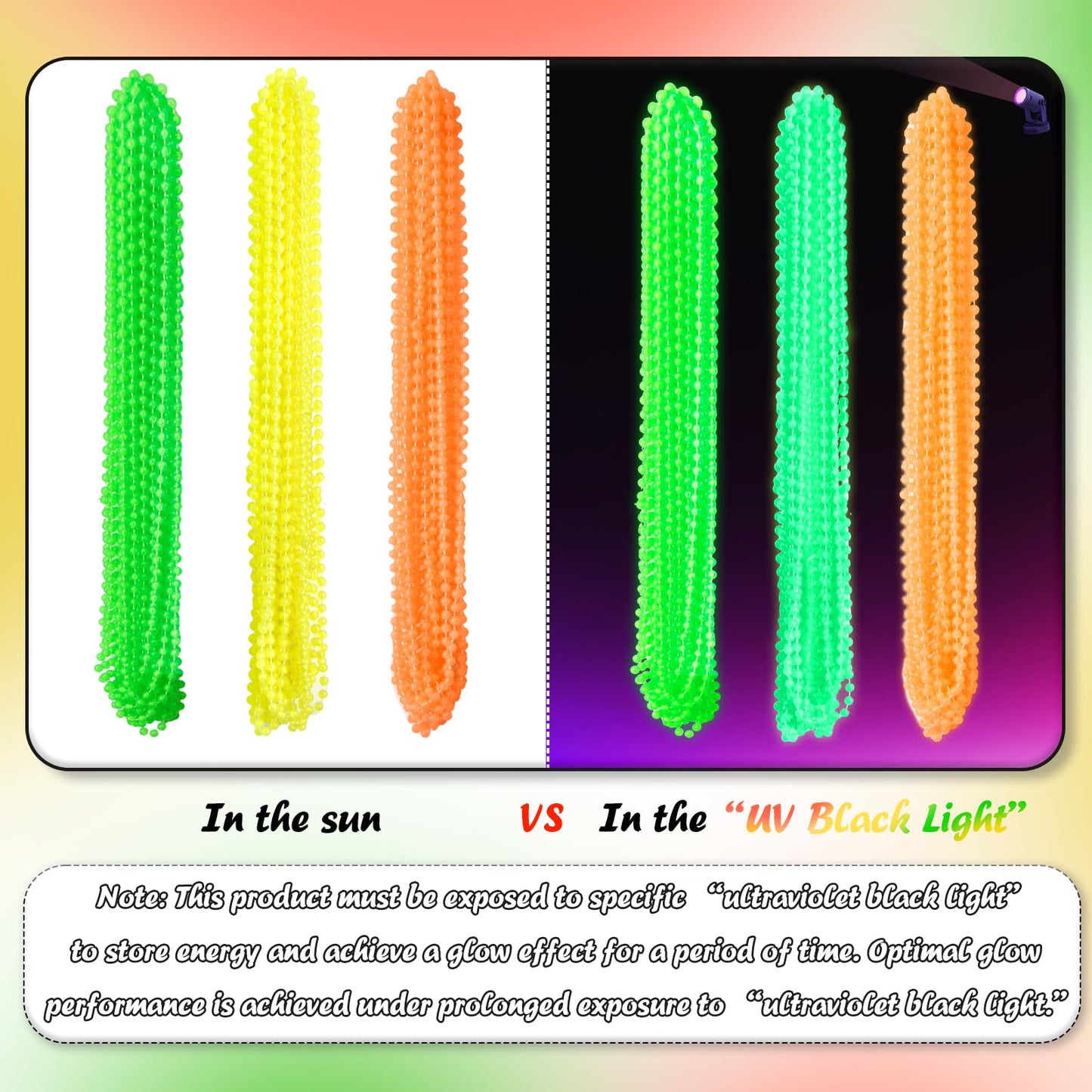 ABONDEVER 48PCS Glow in the Dark Beads Necklaces Glow Party Supplies, 33" Yellow Green Orange UV Black Light Necklaces for Glow Party Favors Night Accessories, Halloween Birthday Party Decorations