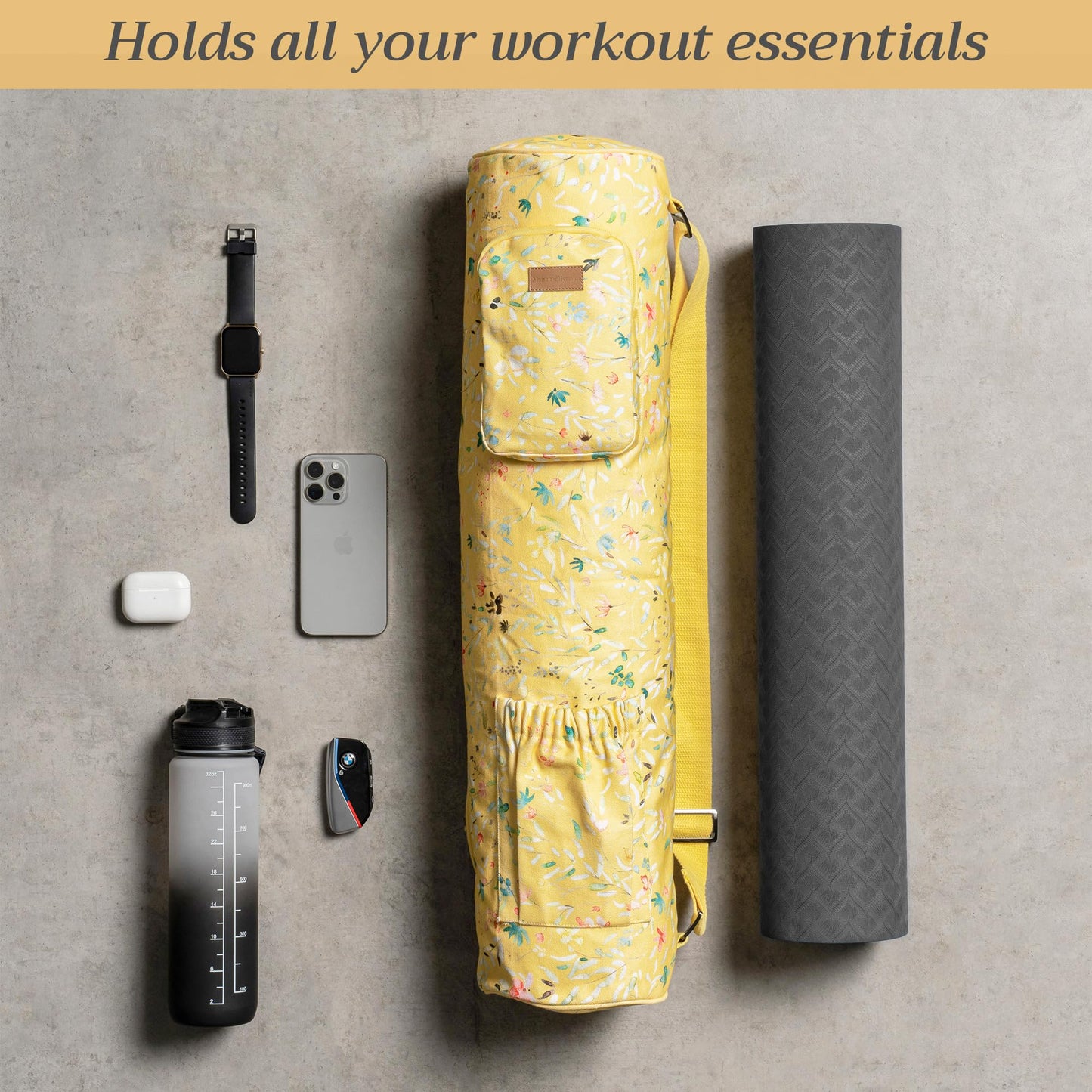 Maison d' Hermine Yoga Mat bag Cylindrical bag for Woman & Men yoga mat Bag & Adjustable shoulder straps Yoga Mat Carrier Bag with Water Bottle Pocket Mothers Day Gifts - Colmar - Yellow