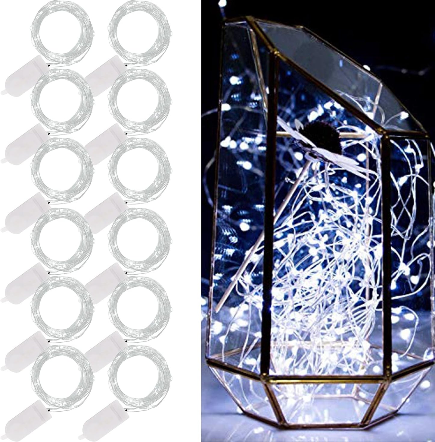 WATERGLIDE 12 Pack Mini String Lights - 20 LED Battery Operated Fairy Lights | Waterproof Silver Wire for Wedding & Party Decor