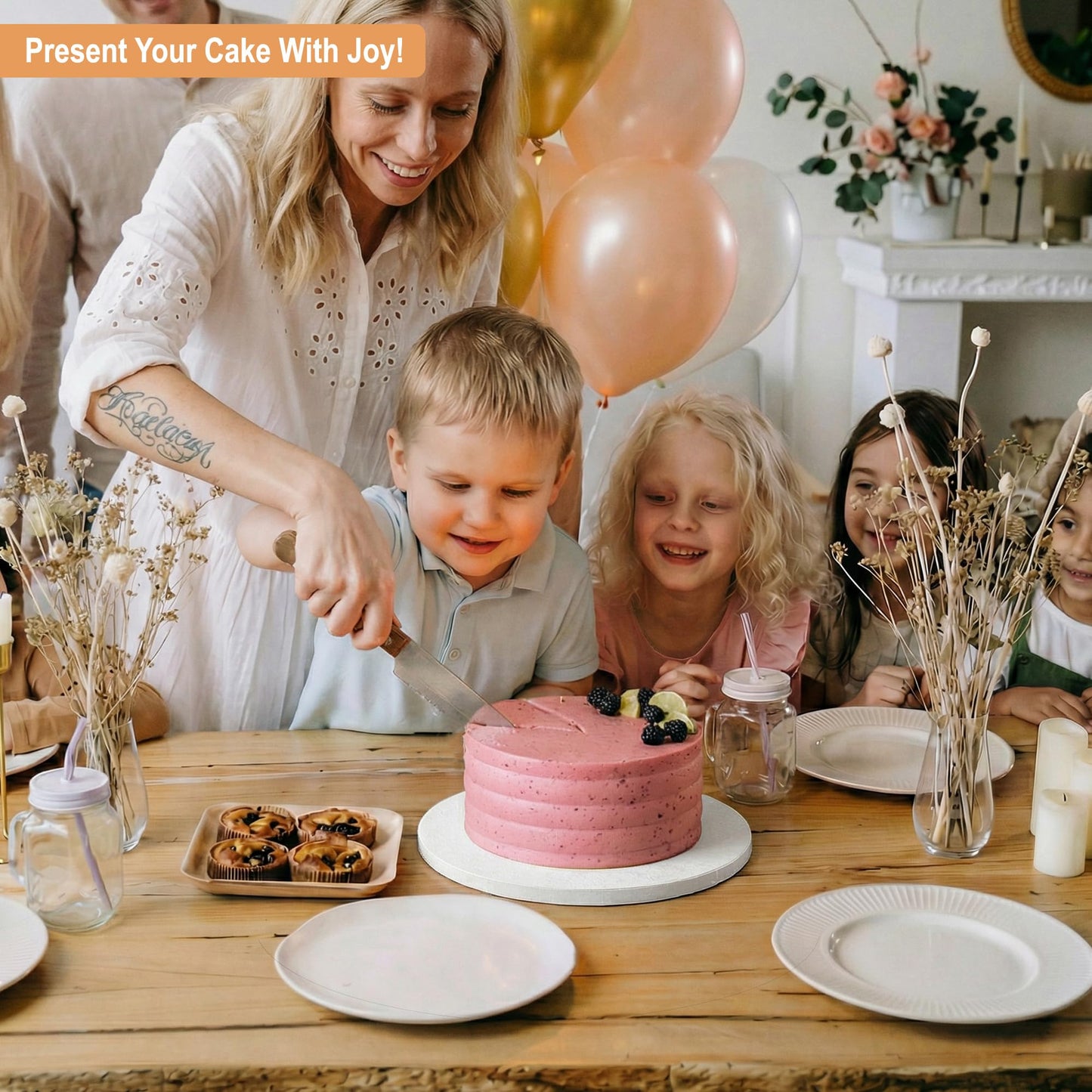 Sleek Cake Drums 8 inch in White, Silver, Gold, Black Color (14 Pack) | 1/2" Thick CakeBoard Circle Rounds + Free Prop Up Tools | Sturdy for Heavy/Tiered Cakes