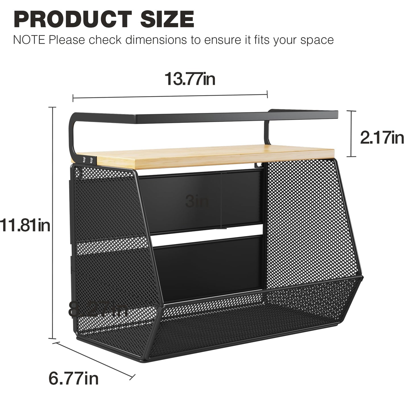 Magnetic Shelf for Fridge with Wide & Thick Magnet, 1 Pack Refrigerator Organizer Basket with Bamboo Top, Storage for Fruit, Potato, Onion, Kitchen, Pantry, Laundry (Black, 13.8" x 6.8" x 11.8")