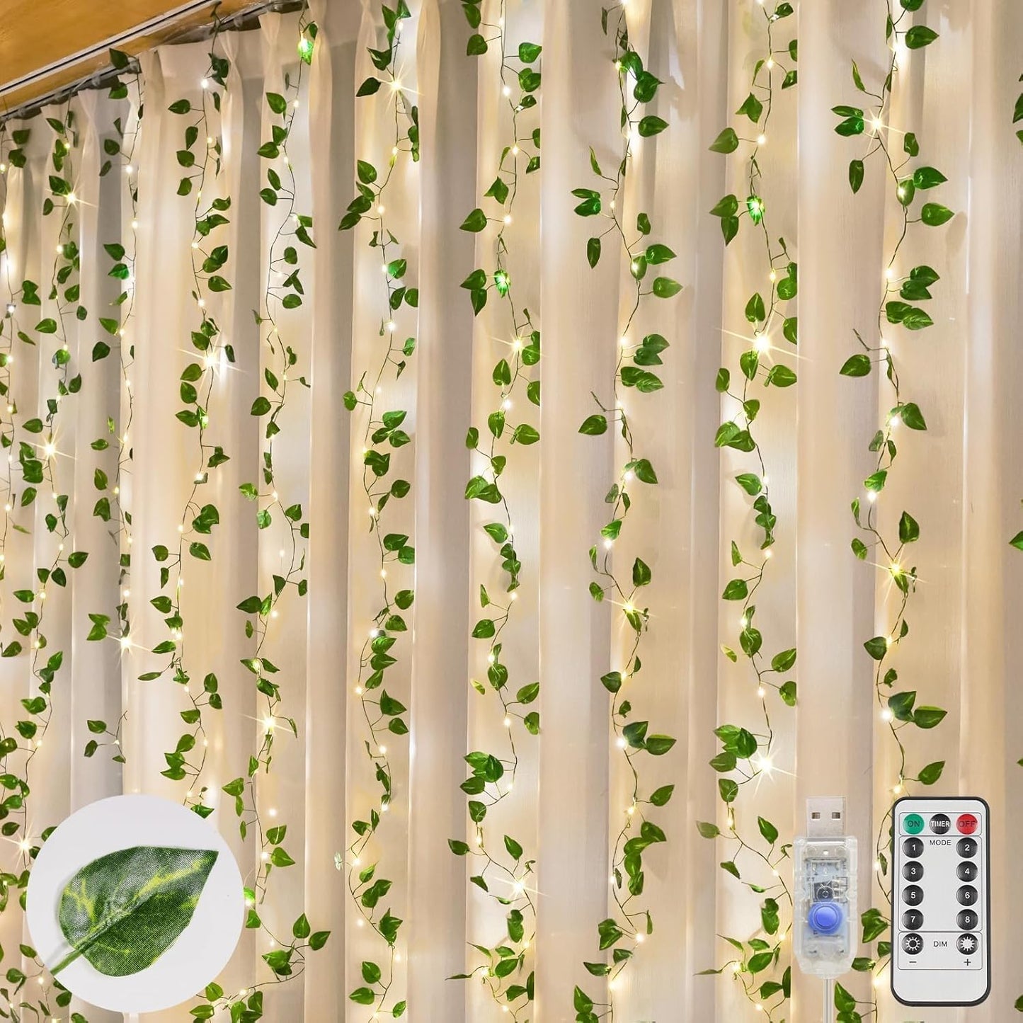 suddus Vines with Lights, 200 LED Fairy Lights with Vines, Pothos Curtain String Lights with Remote for Bedroom, Dorm, Wedding, Party, Wall, Indoor, Outdoor Decor, 6.5ft x 6.5ft