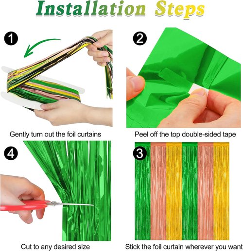 Hawaiian Party Decorations - 4 Pack Tinsel Backdrop | 3.28 FT x 7.05 FT Green, Brown, Yellow Foil Curtains