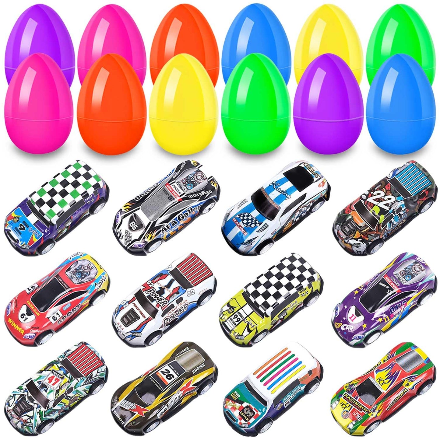 UPINLOOK 12 Pack Prefilled Easter Eggs Filled with Cars, Colorful Plastic Filled Easter Eggs with Toys Inside for Kids Easter Egg Hunt, Easter Basket Stuffers, Easter Party Favor Supplies