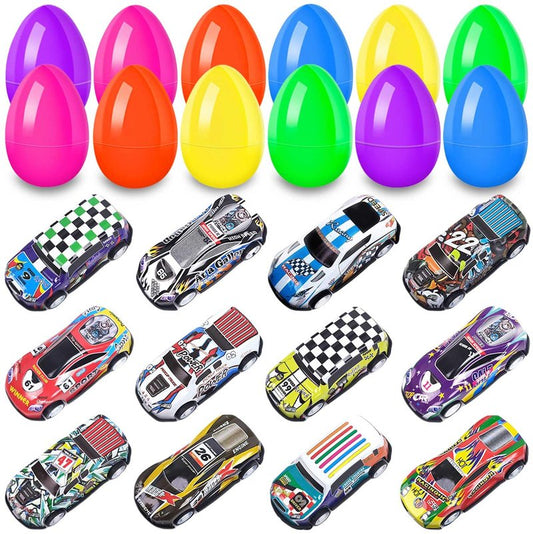 UPINLOOK 12 Pack Prefilled Easter Eggs Filled with Cars, Colorful Plastic Filled Easter Eggs with Toys Inside for Kids Easter Egg Hunt, Easter Basket Stuffers, Easter Party Favor Supplies