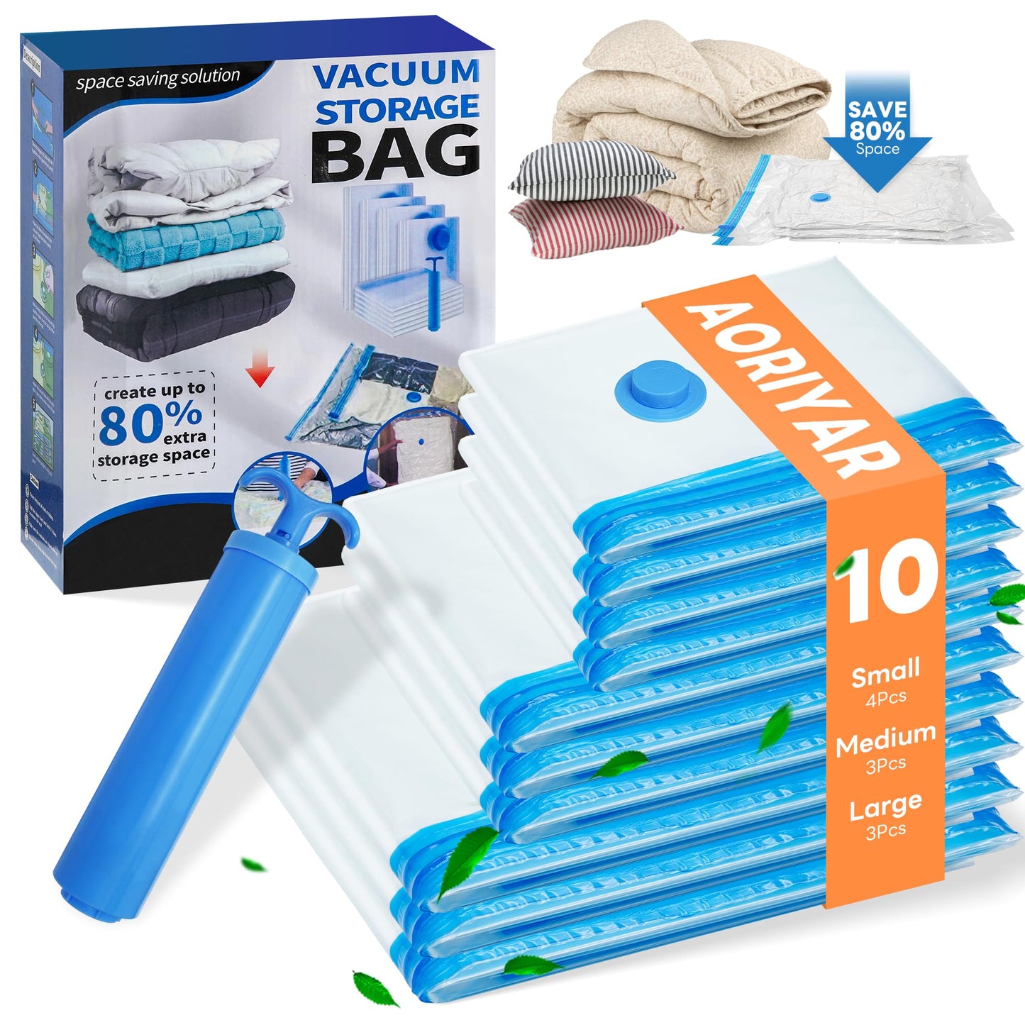 10 Pack Vacuum Storage Bags - Large Space Clothes Storage Travel Bag Hand Pump, No Leakage Compression Plastic Storage Bins Bags Travel Clothing, Vacuum Bag for Blankets Comforters Pillows