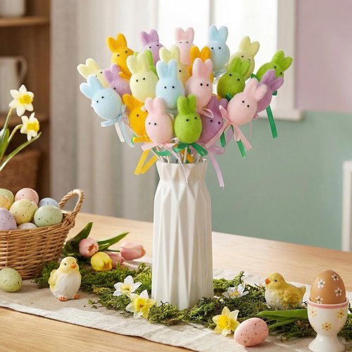 FineCheer 24 Pcs Easter Bunny Picks Faux Foam Easter Egg Picks Decorative Mini Pastel Egg Stems 7" Tall for Spring Basket Bouquets Floral Arrangement Centerpiece Wreath Party Decorations