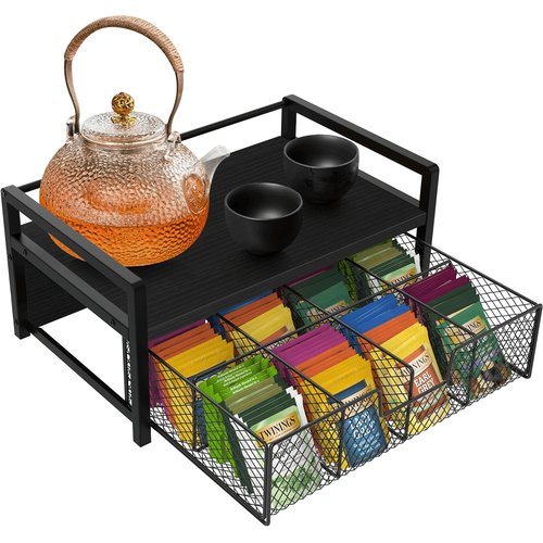 Homode Wood Tea Bag Organizer, Teabag Holder with Drawer, Tea Organizers and Storage Box, 8 Compartments Tea Caddy Station Chests Display Container for Counter Kitchen, Black