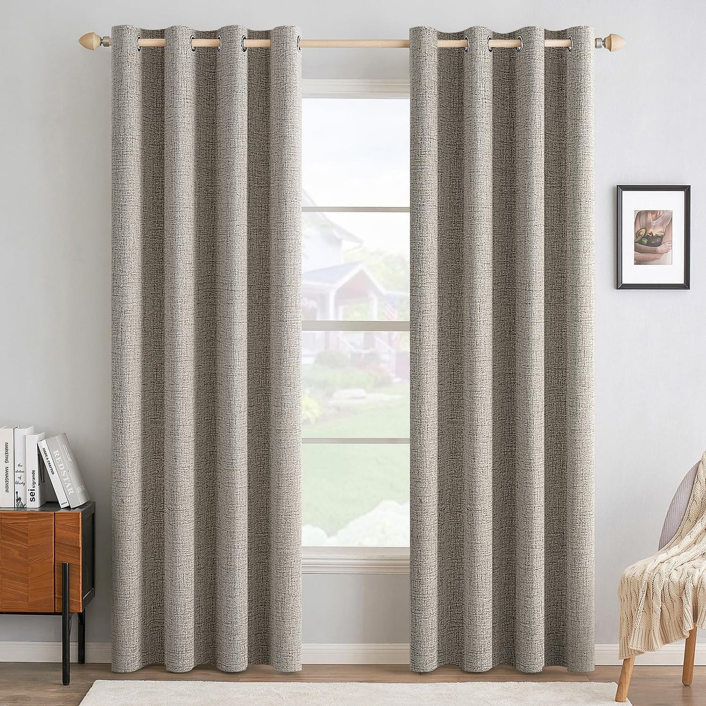 MIULEE Blackout Linen Curtains - 100% Thermal Insulated Greige Drapes for Bedroom | 52x72 Inch (2 Panels)