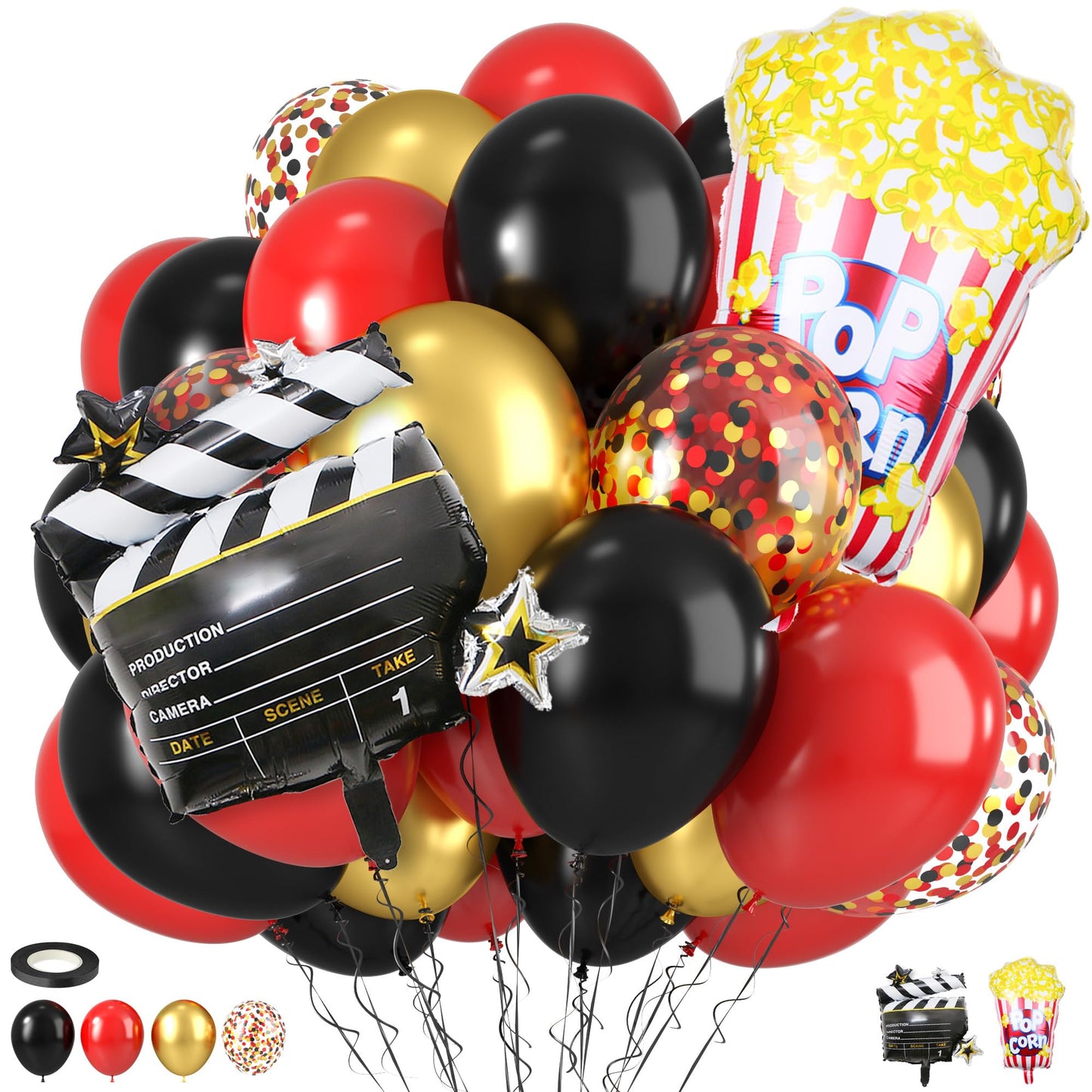 Movie Night Party Balloons, Red Black Gold Confetti Balloons with Film Clapboard and Pop Corn Foil Balloon for Boy Girl Movie Theme Party Decorations Graduation Baby Shower Birthday