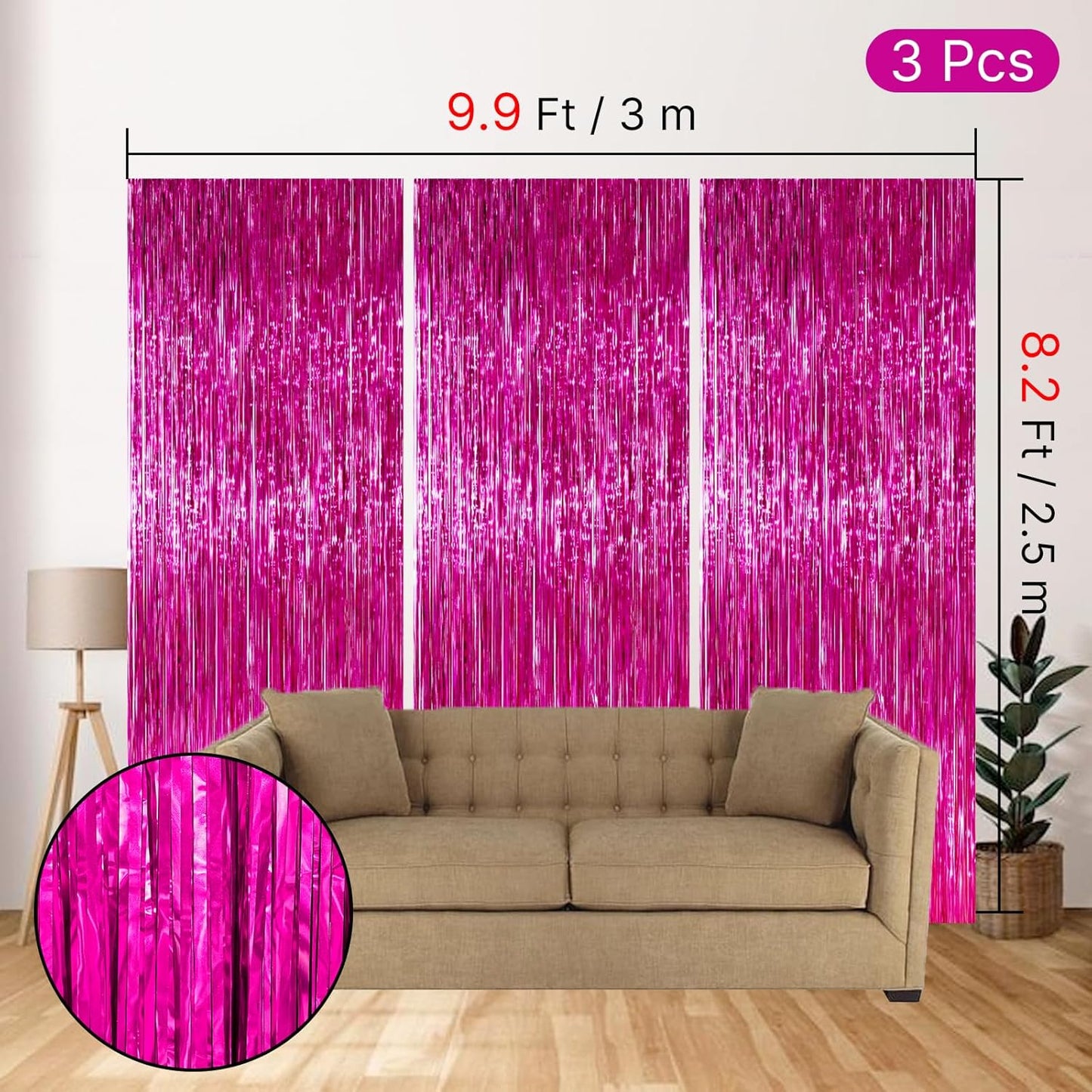 PartyWoo Hot Pink Foil Fringe Curtain - 8.2ft Magenta Tinsel Backdrop for Birthday & Bachelorette Parties