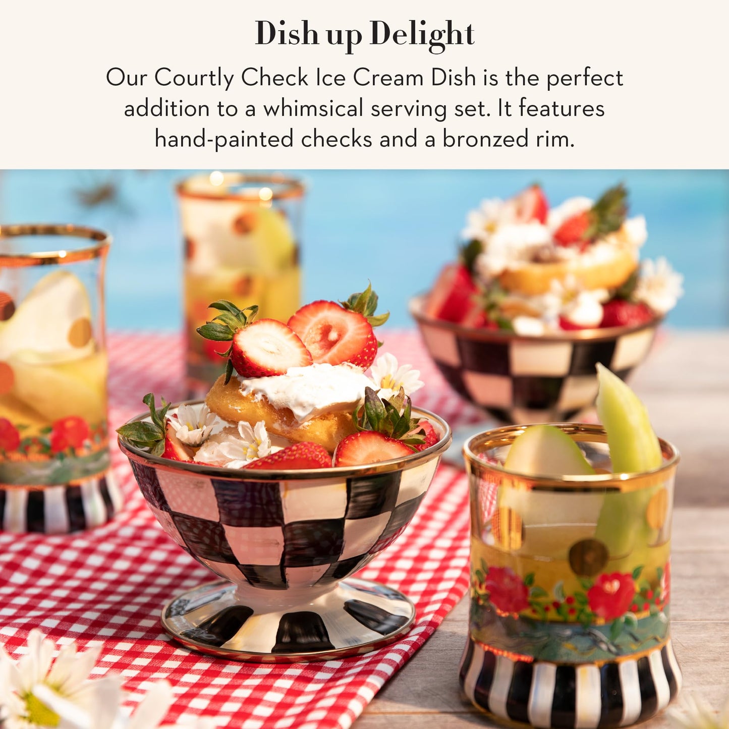MACKENZIE-CHILDS Enamel Ice Cream Bowl, Serving Bowls for Entertaining, 2-Cup Capacity, Gray-and-White Sterling Check