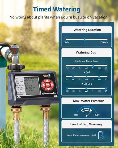 DEWENWILS Sprinkler Timer - 2 Zone Programmable Water Timer for Garden Hose | Automatic & Manual Modes