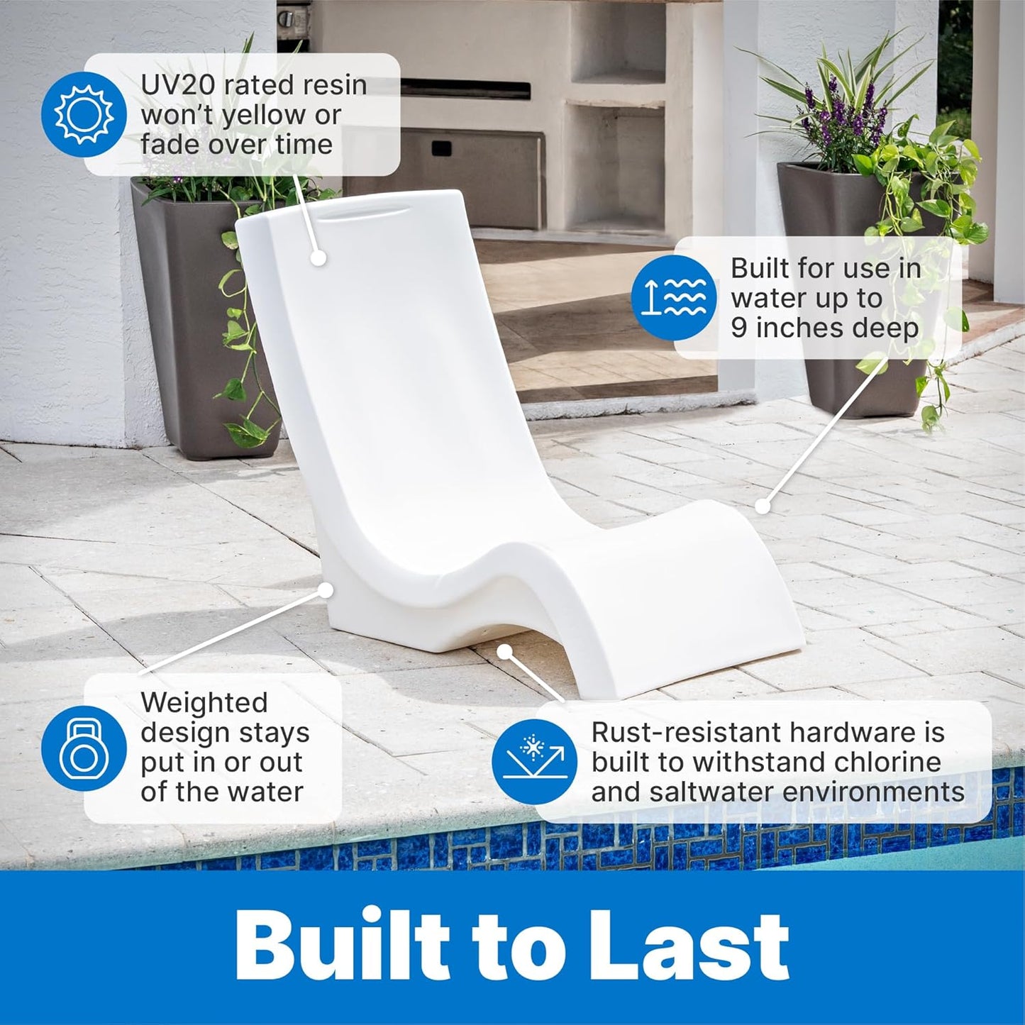 Step2 Vero Pool Chair - Waterproof, Fade-Resistant Patio Furniture for Sun Shelf | White, 9-Inch Water Depth