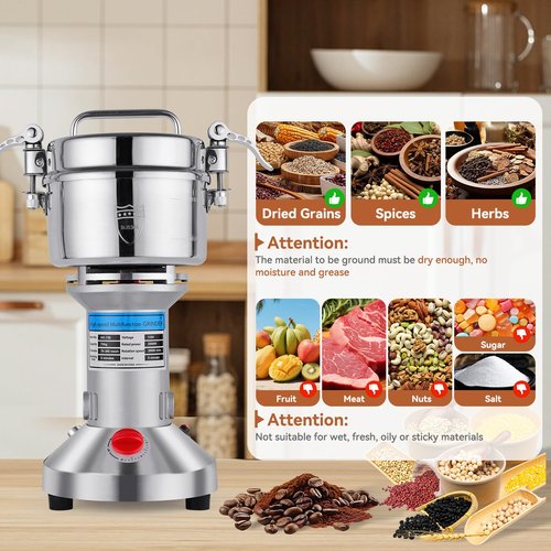 Electric Grain Mill Grinder - 2000W High-Speed 750g 304 Stainless Steel Professional Grain Mill & Spice Grinder for Kitchen and Coffee Shop - Grinds Grains, Coffee, and Dry Spices with Easy Operation
